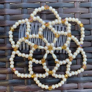 New handmade off white and crystal golden beaded women kippah judaica gift